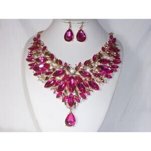 Hot pink fuschia rhinestone necklace set, party prom  MOB wedding necklace